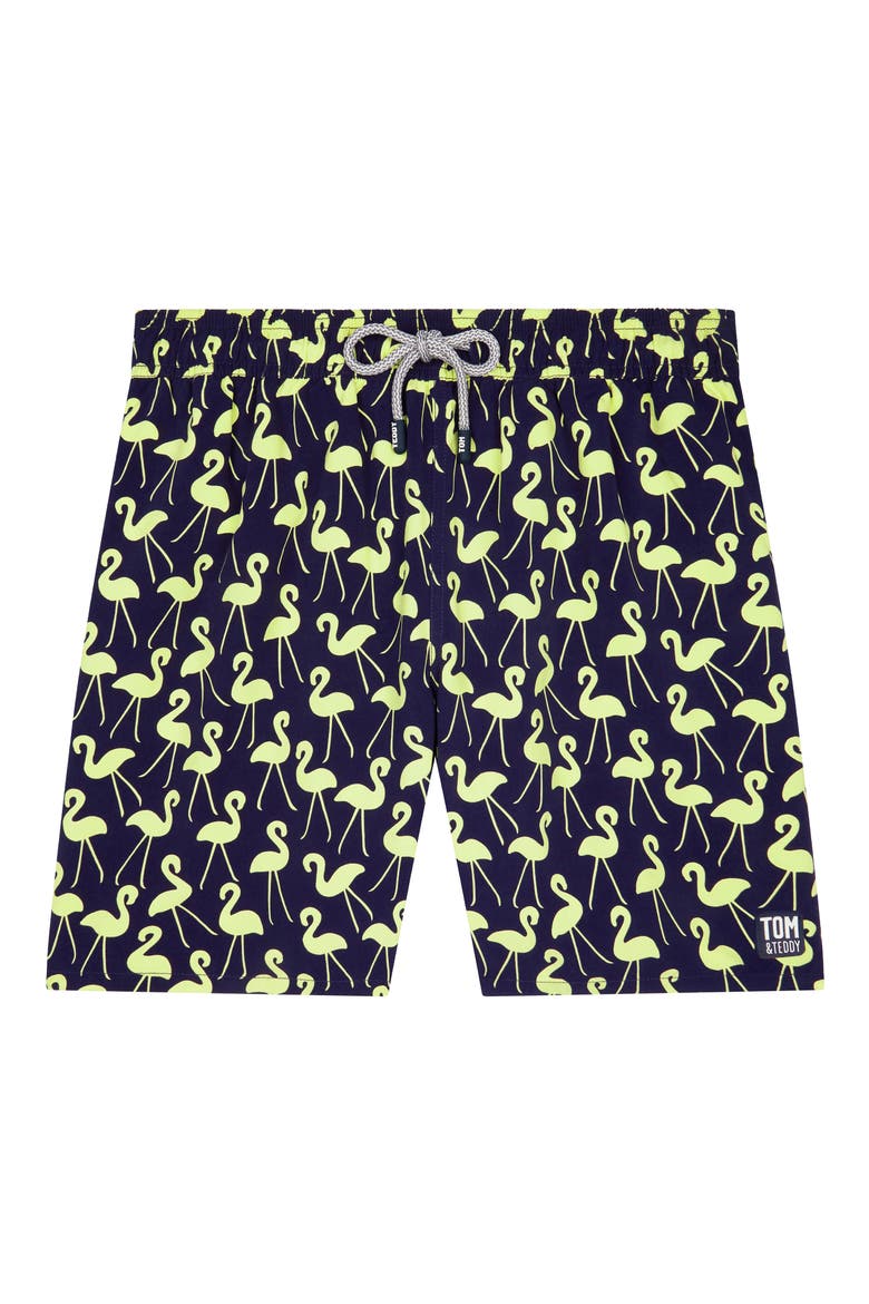 Flamingo Print Swim Trunks, Alternate, color, DARK BLUE AND YELLOW