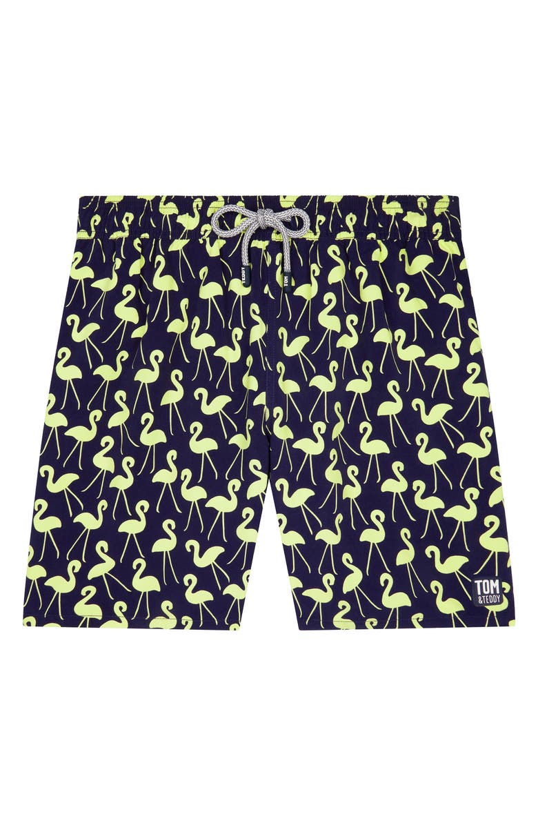 Tom & Teddy Flamingo Print Swim Trunks, Alternate, color, 