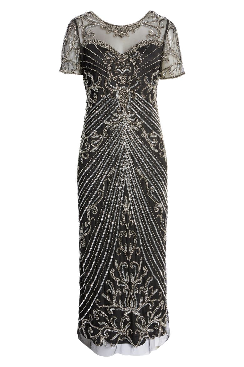 Illusion Beaded Mesh Column Gown, Alternate, color, BLACK