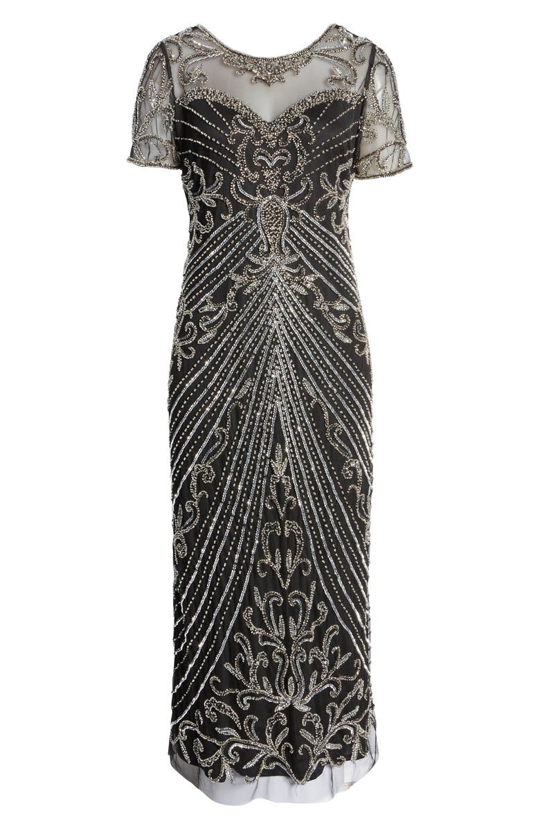 Pisarro Nights Illusion Beaded Mesh Column Gown, Alternate, color, Black