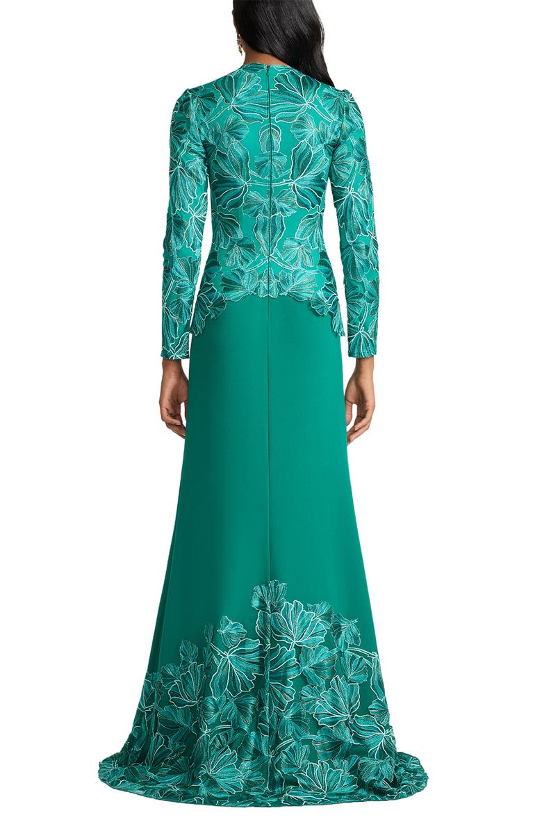 Tadashi Shoji Embroidered Detail Long Sleeve Gown, Alternate, color, Emerald