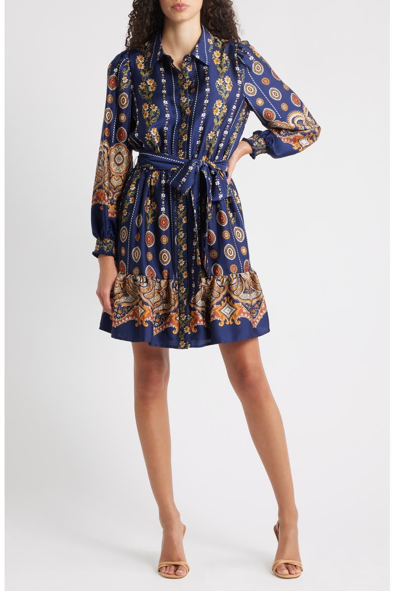 Medallion Print Long Sleeve Tie Waist Shirtdress, Main, color, DISTANT MOUNTAIN MULTI