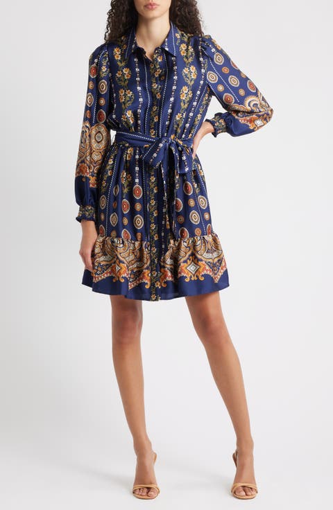 Medallion Print Long Sleeve Tie Waist Shirtdress