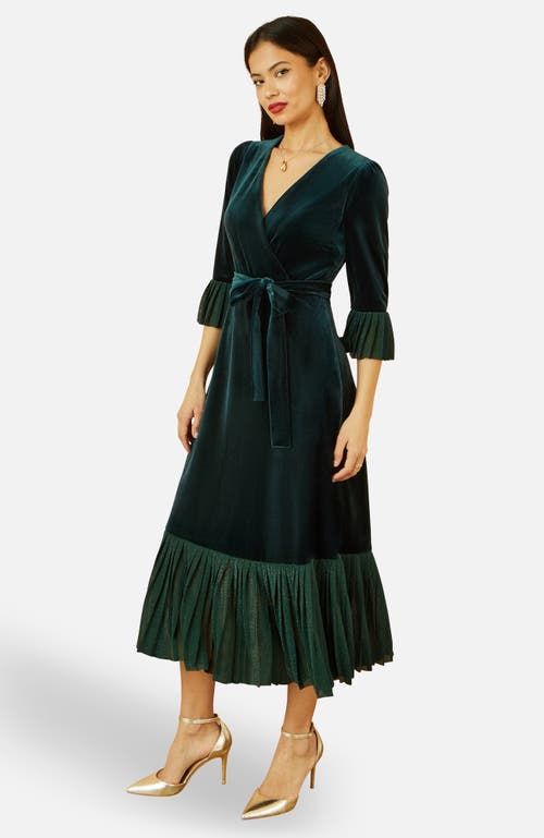 Yumi Velvet Wrap V-neck Midi Dress In Green