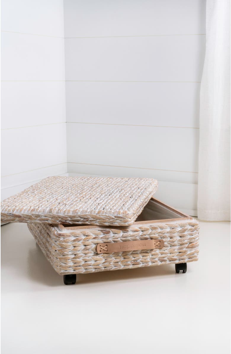 HAPPIMESS Chett Minimalist Hand-Woven Hyacinth/Wood Underbed Storage Bin with Wheels and Handles, Alternate, color, White Wash