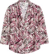 AK ANNE KLEIN Print Pleat Three-Quarter Sleeve Top