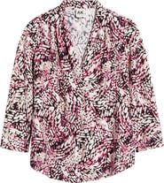 AK ANNE KLEIN Print Pleat Three-Quarter Sleeve Top
