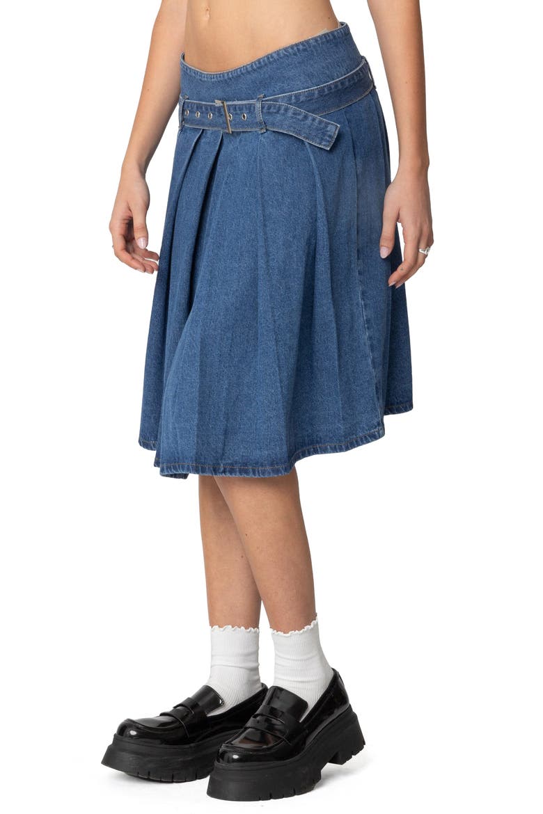 Belted Pleated Denim Midi Skirt, Alternate, color, BLUE