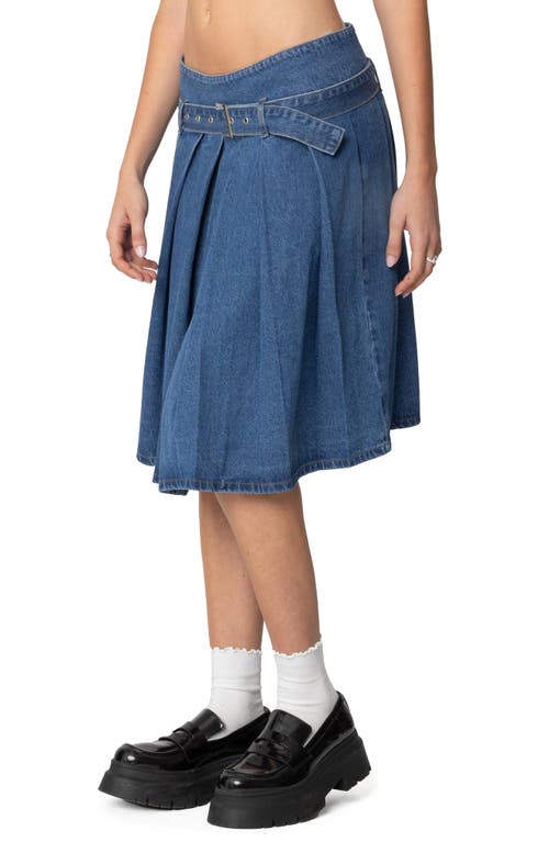 Shop Edikted Belted Pleated Denim Midi Skirt In Blue