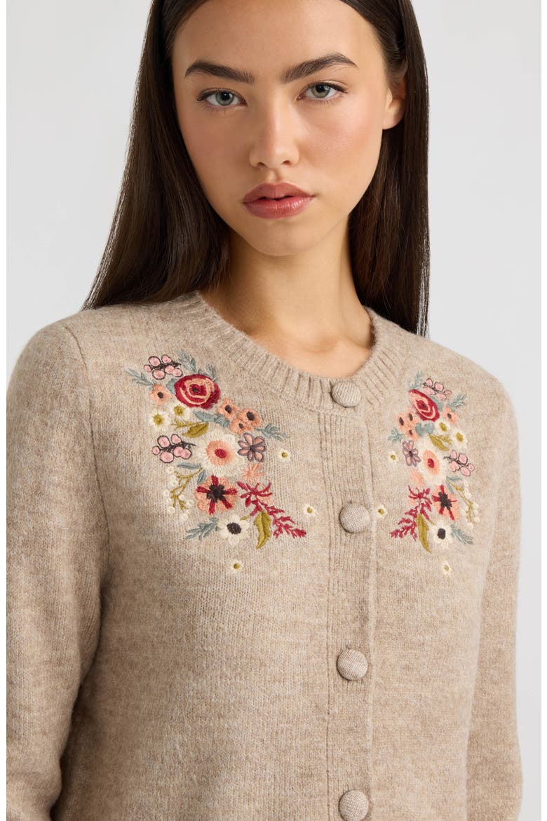Embroidered Crewneck Cardigan, Alternate, color, TAUPE MIX