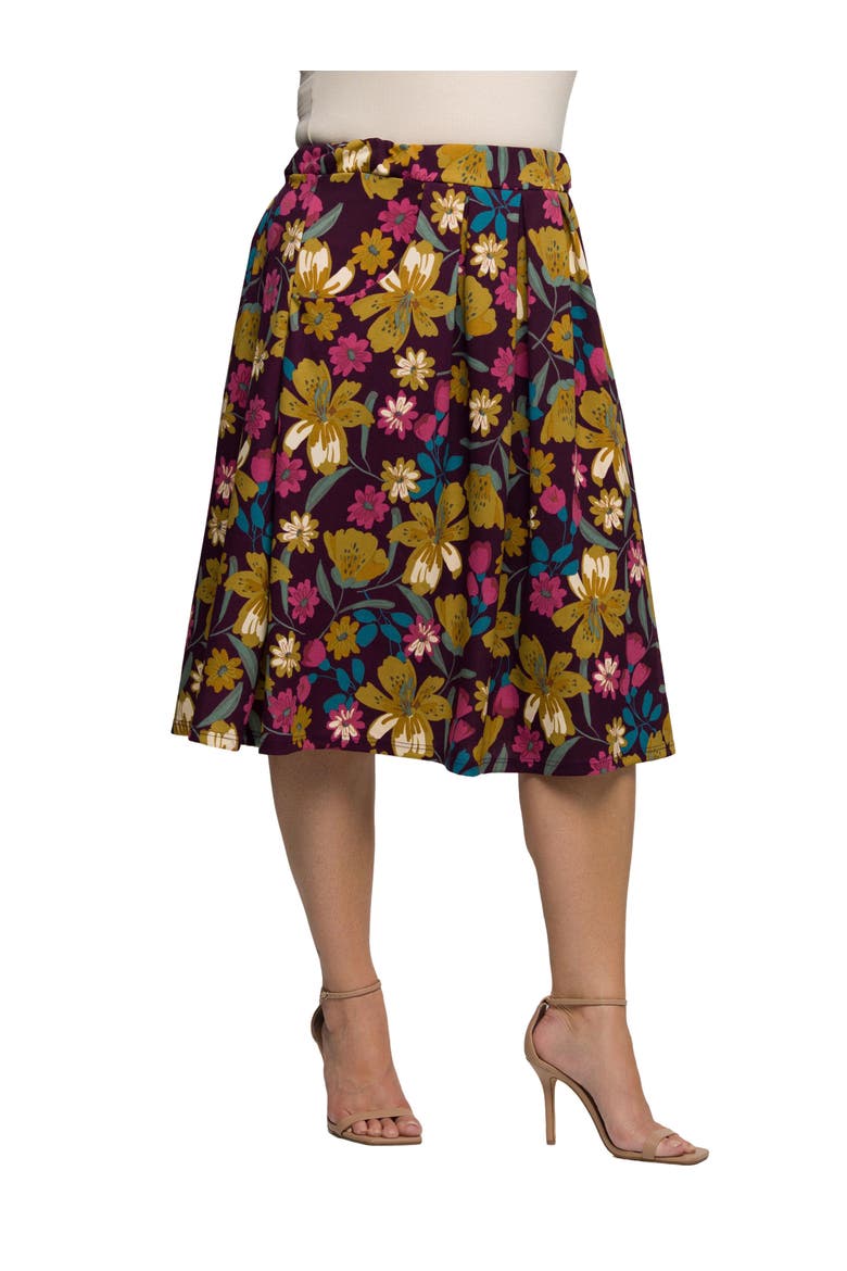Plus Size Purple Floral Elastic Waist Pocket Midi Skirt, Alternate, color, Purple Multi