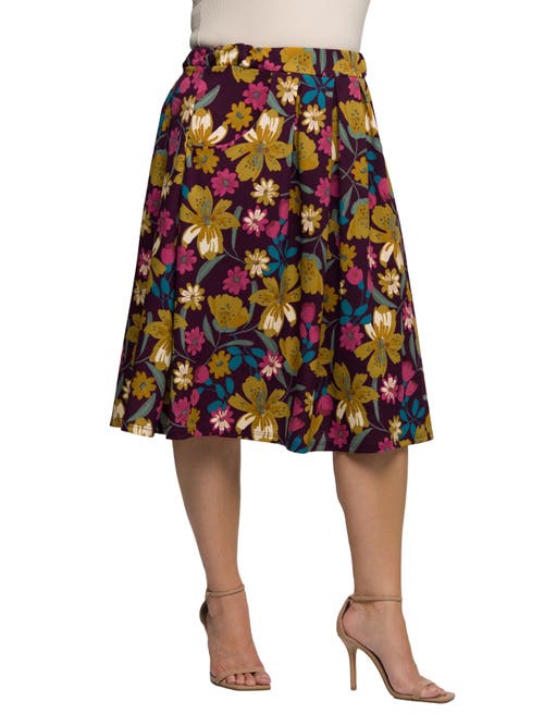 24seven Comfort Apparel Plus Size Purple Floral Elastic Waist Pocket Midi Skirt In Multi
