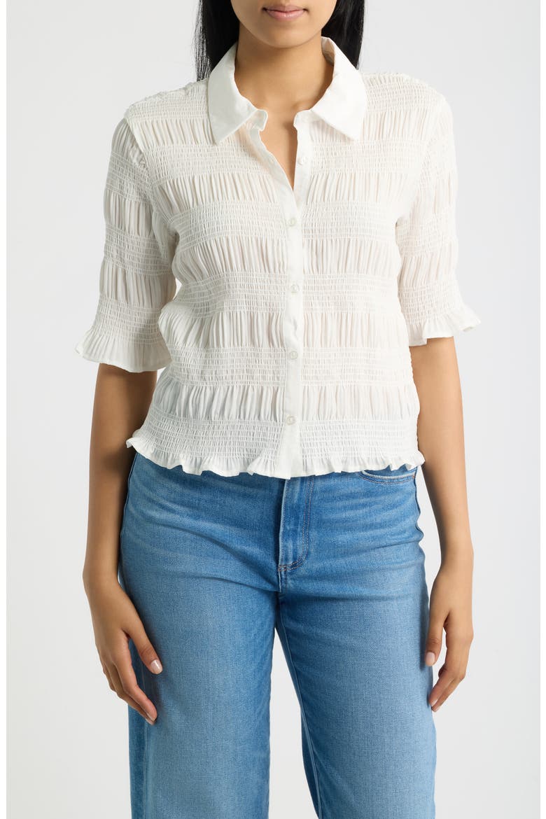 Smocked Button-Up Shirt, Main, color, WHITE