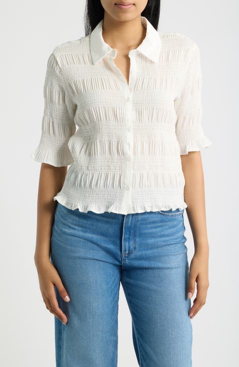 Smocked Button-Up Shirt