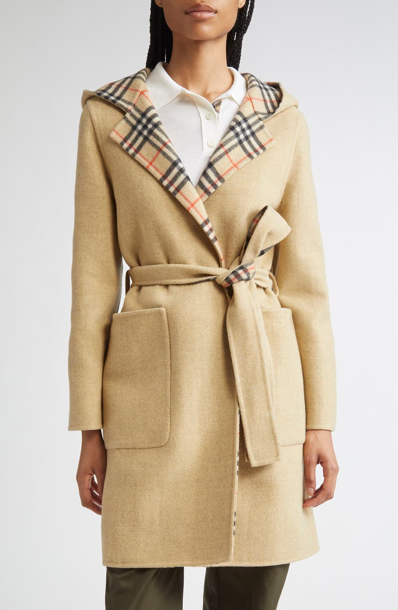 Burberry Hampshire Wool Reversible Hooded Coat, Main, color, Sand Ip Check