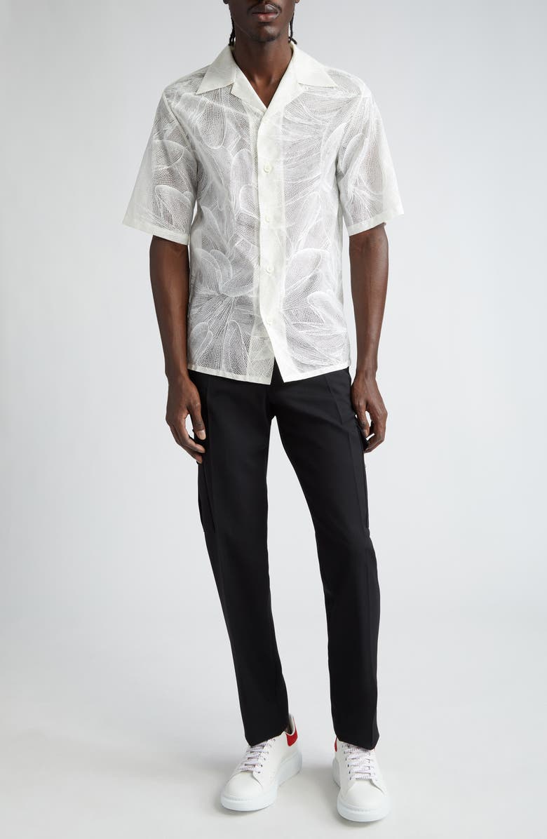 McQueen Tropical Print Short Sleeve Silk Shirt, Alternate, color, Opticalwhite