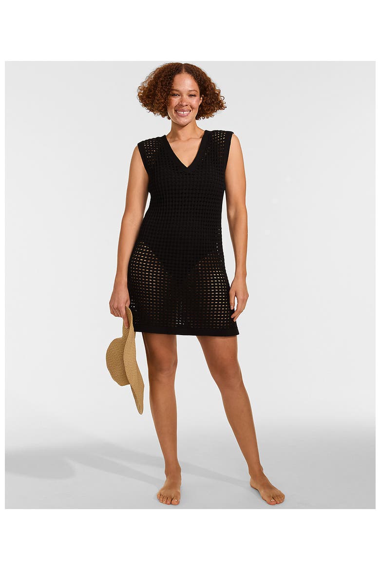 Cotton Open Knit V-Neck Swim Cover-up Dress, Alternate, color, Black