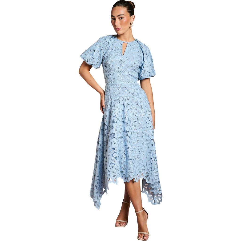 Coast Lace Hanky Hem Puff Sleeve Dress In Blue