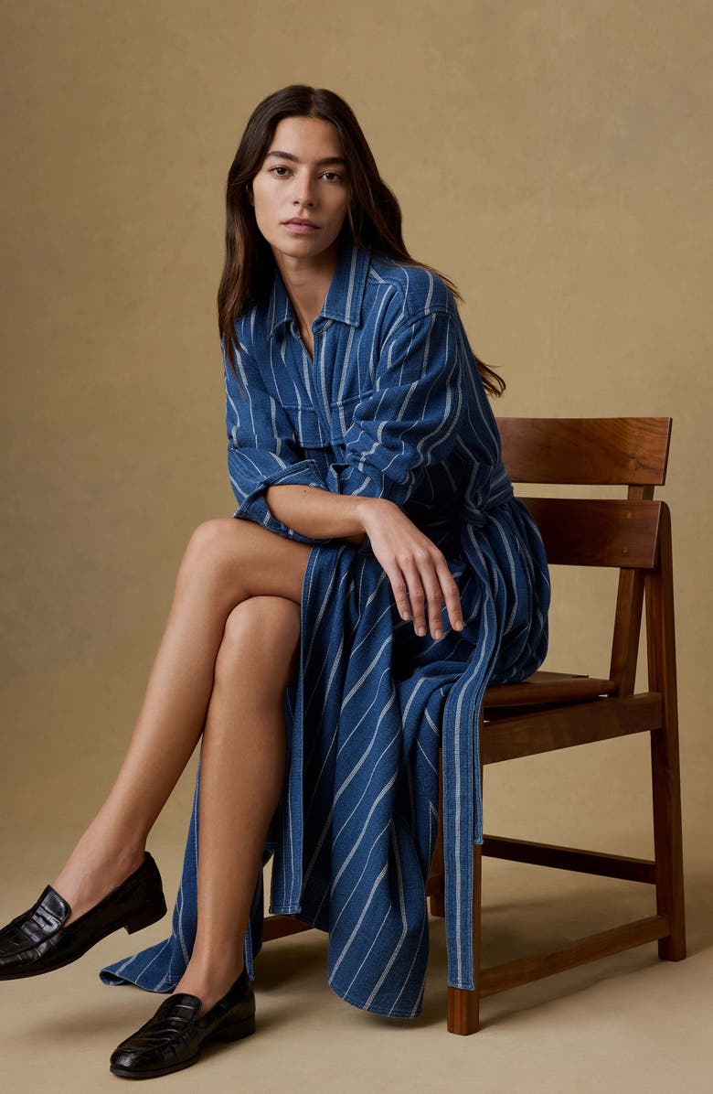 Faherty Julia Island Tide Stripe Long Sleeve Organic Cotton Wrap Shirtdress, Alternate, color, Indigo Drift Stripe