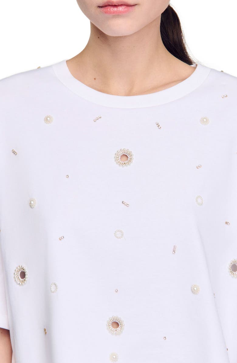 SANDRO Cropped pearl bead T-shirt, Alternate, color, White