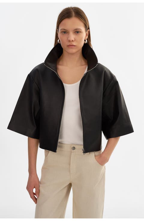 Elin | Leather Funnel Neck Jacket