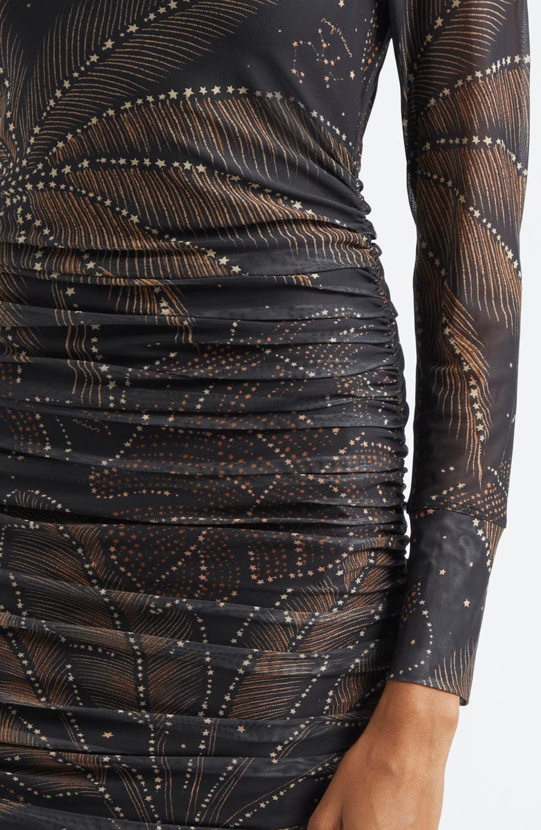 FARM Rio Golden Foliage Long Sleeve Tulle Midi Dress, Alternate, color,