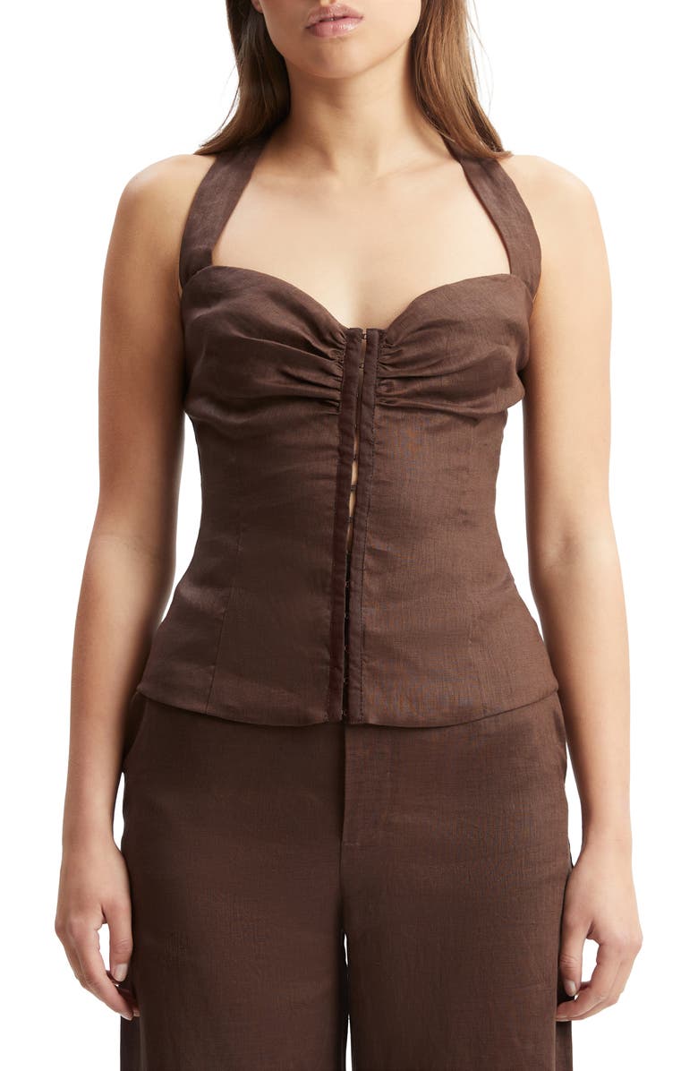 Bardot Rixton Smocked Linen Halter Top, Alternate, color, Chocolate