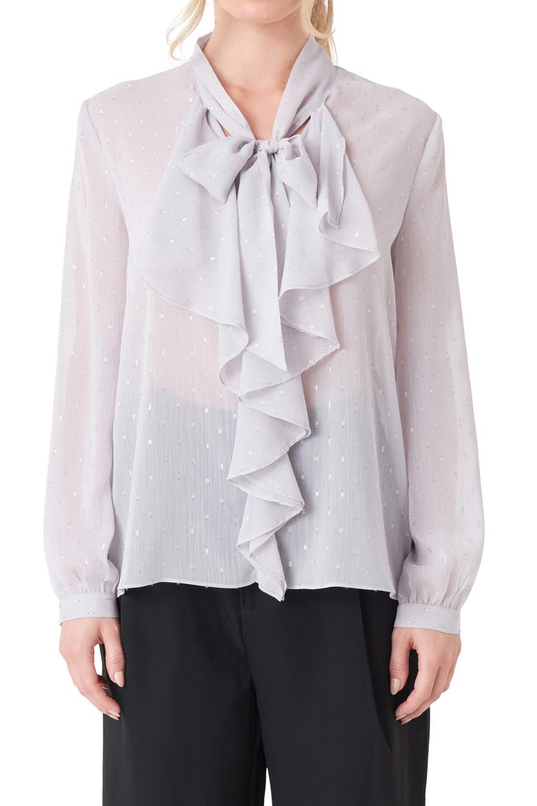 Tie Neck Clip Dot Chiffon Top, Alternate, color, SILVER