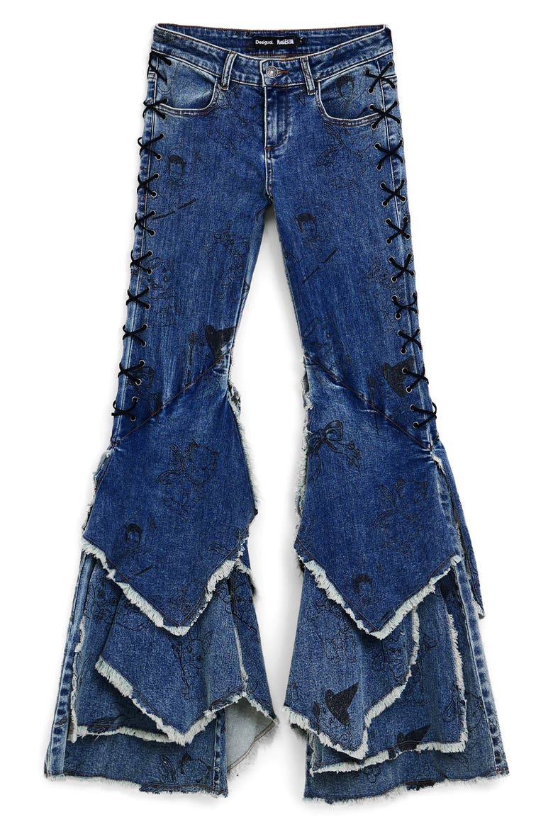 Cartoon Pattern Flare Jeans, Alternate, color, BLUE