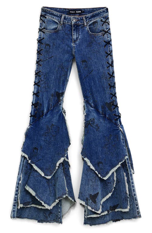 Desigual Cartoon Pattern Flare Jeans In Blue