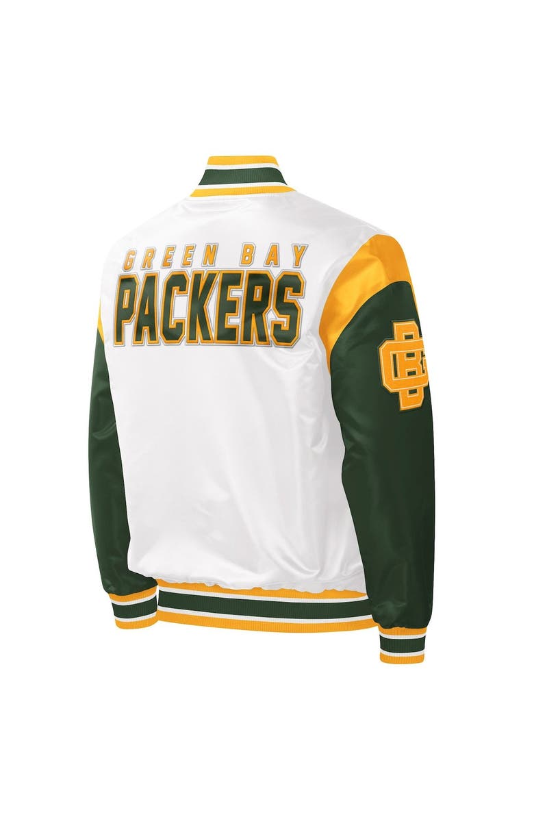 STARTER Men's Starter White Green Bay Packers Throwback Warm Up Pitch Satin Full-Snap Varsity Jacket, Alternate, color,
