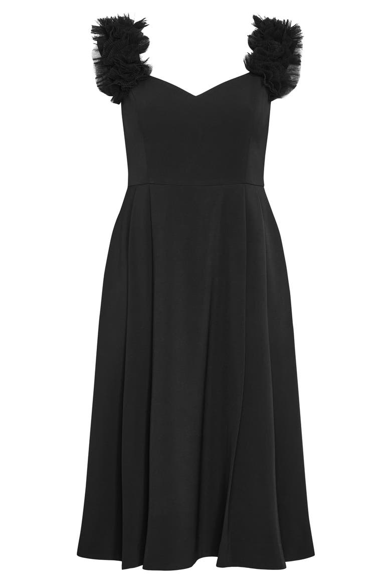 Roselyn Tulle Detail Midi Dress, Alternate, color, BLACK