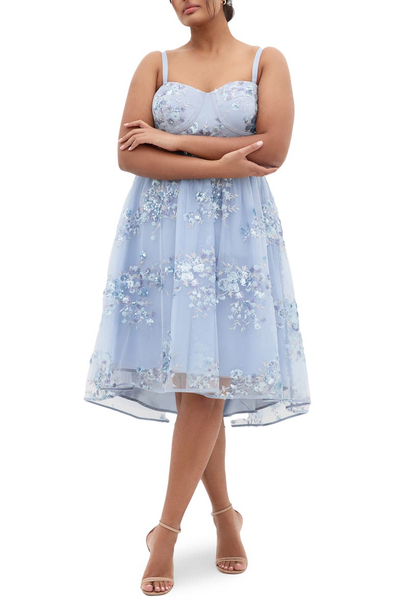 City Chic Ambrosia Sequin Floral Print High-Low Dress, Alternate, color, Soft Blue