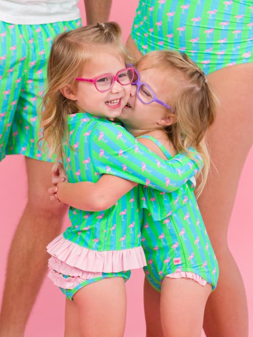 Rufflebutts Baby Girls Upf50+ Long Sleeve Rash Guard Bikini In Neon Flamingo Stripe