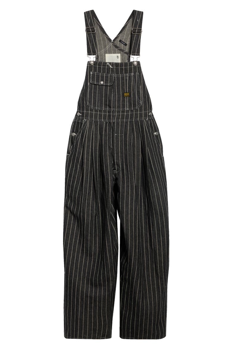 Triple Pleat Linen & Wool Blend Overalls, Main, color, BLACK ECRU STRIPE