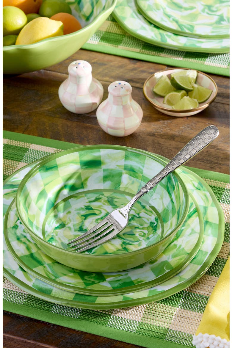 Green Marble Check Set of 4 Melamine Dinner Plates, Alternate, color, GREEN