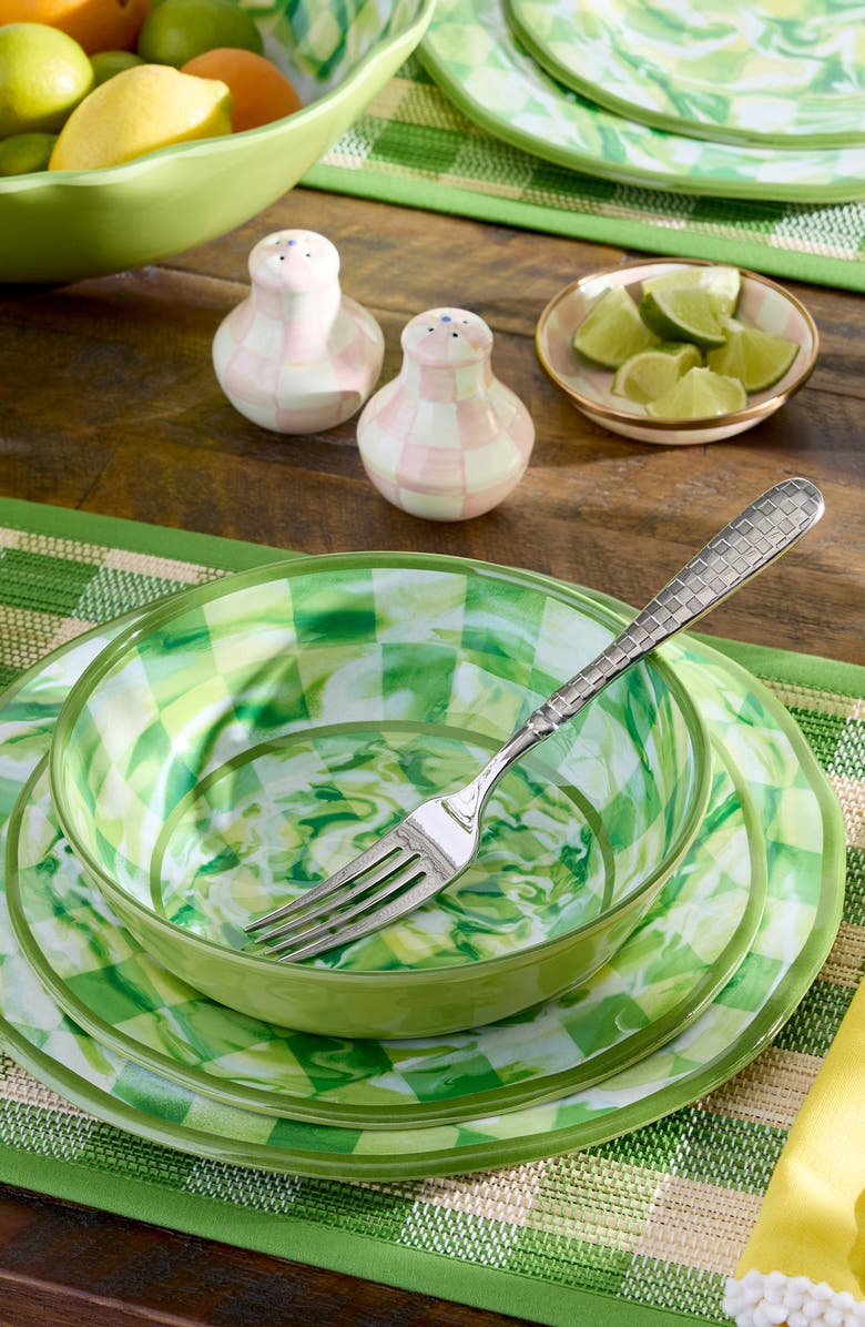 MACKENZIE CHILDS Green Marble Check Set of 4 Melamine Dinner Plates, Alternate, color, Green