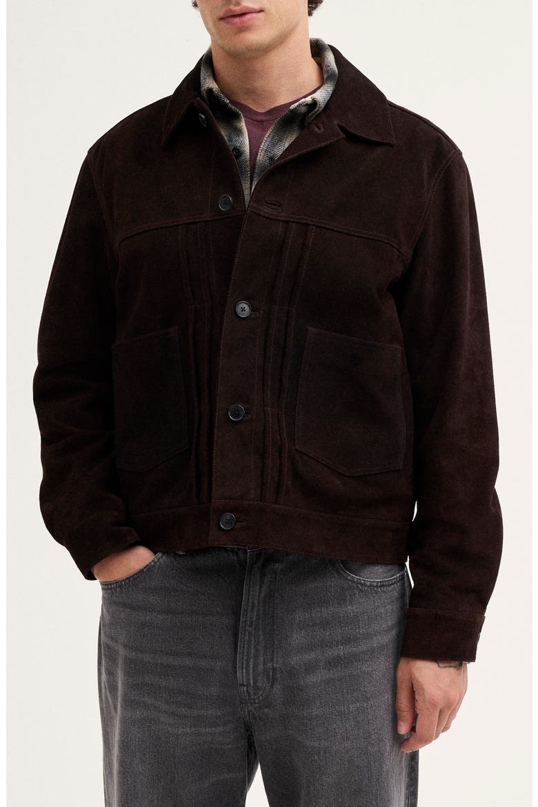 Suede Trucker Jacket, Main, color, DARK CAROB