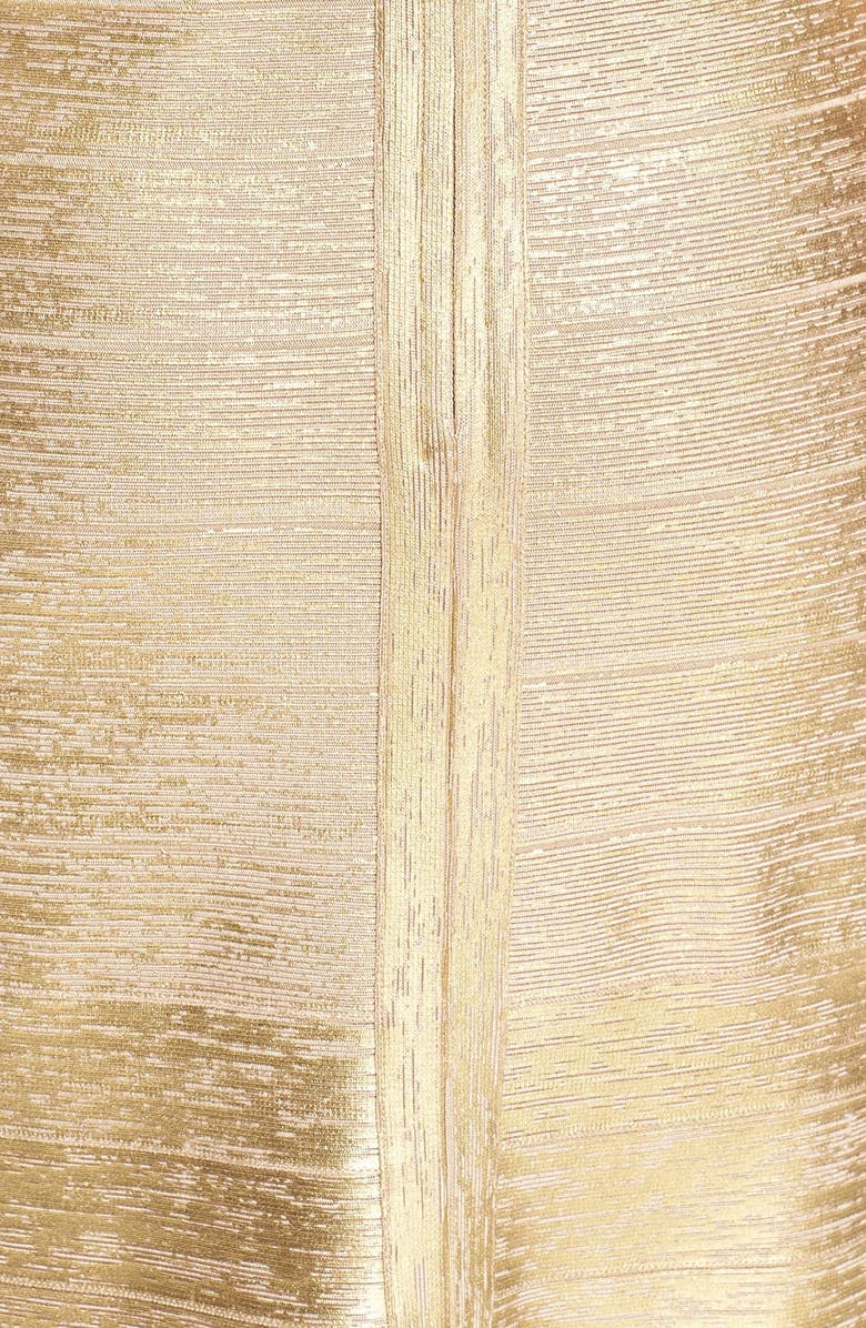 Herve Leger 'Lilyanna' One-Shoulder Woodgrain Metallic Gown, Alternate, color,