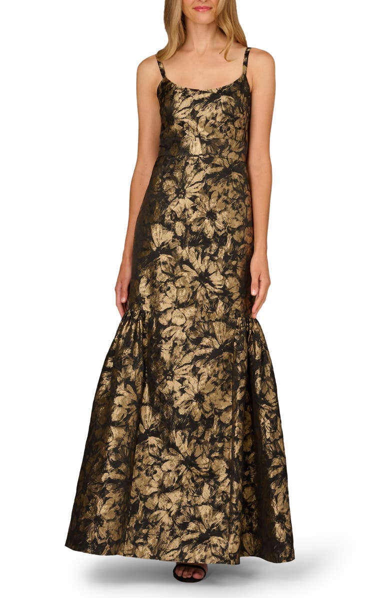Aidan Mattox Metallic Floral Jacquard Mermaid Gown, Main, color, Black/ Gold