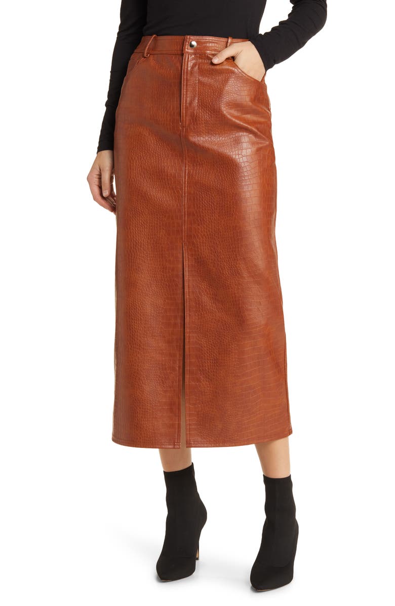 WAYF Roberta Croc Embossed Faux Leather Midi Skirt, Main, color, 