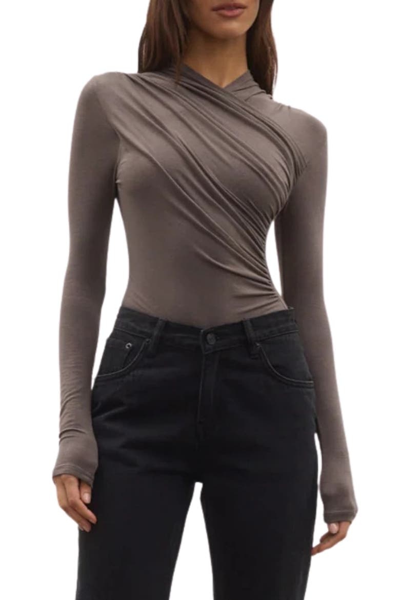 Amrita Ruched Long Sleeve Bodysuit, Main, color, SMOKE