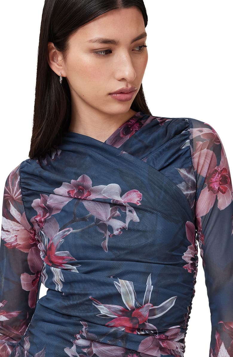 AllSaints Hanako Long Sleeve Mesh Midi Dress, Alternate, color, Adena Deep Blue