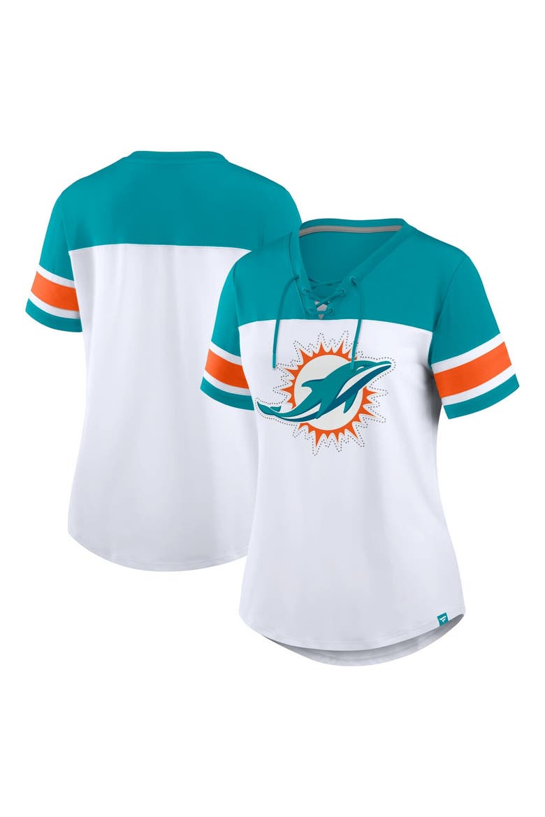 Women's Fanatics White/Aqua Miami Dolphins Athena Rhinestone Lace-Up V-Neck T-Shirt, Main, color, White
