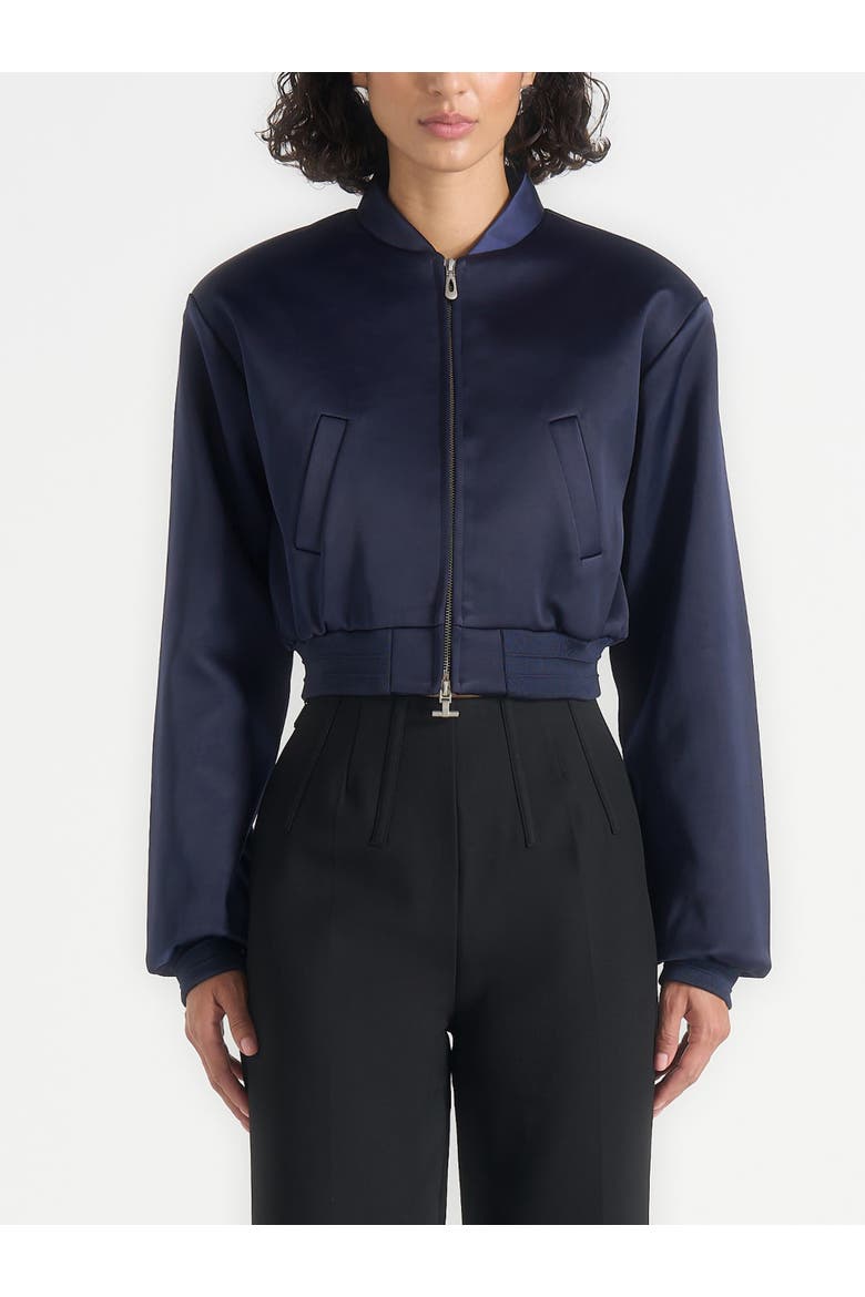 Monique Satin Wide Shoulder Bomber Jacket, Main, color, Navy