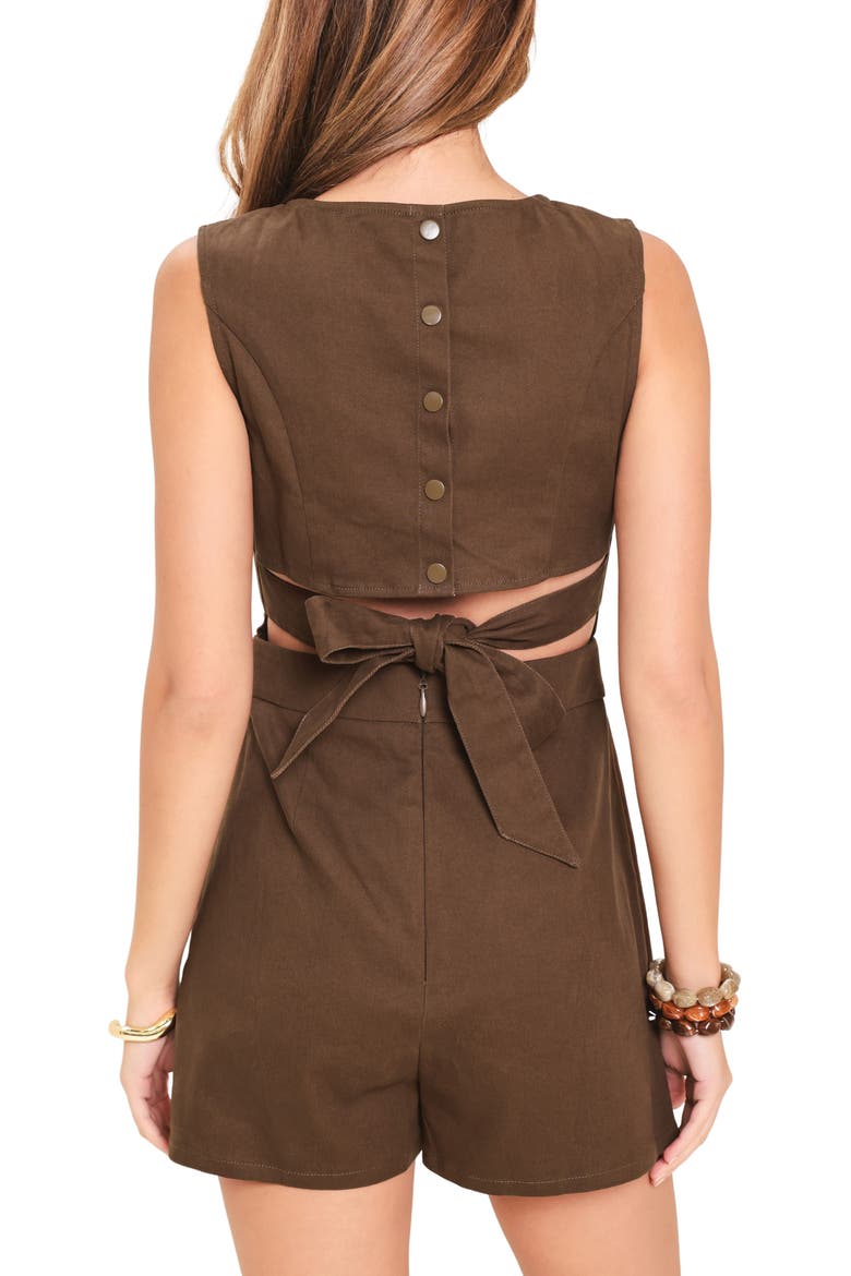 Cutout Stretch Cotton Twill Romper, Alternate, color, BROWN