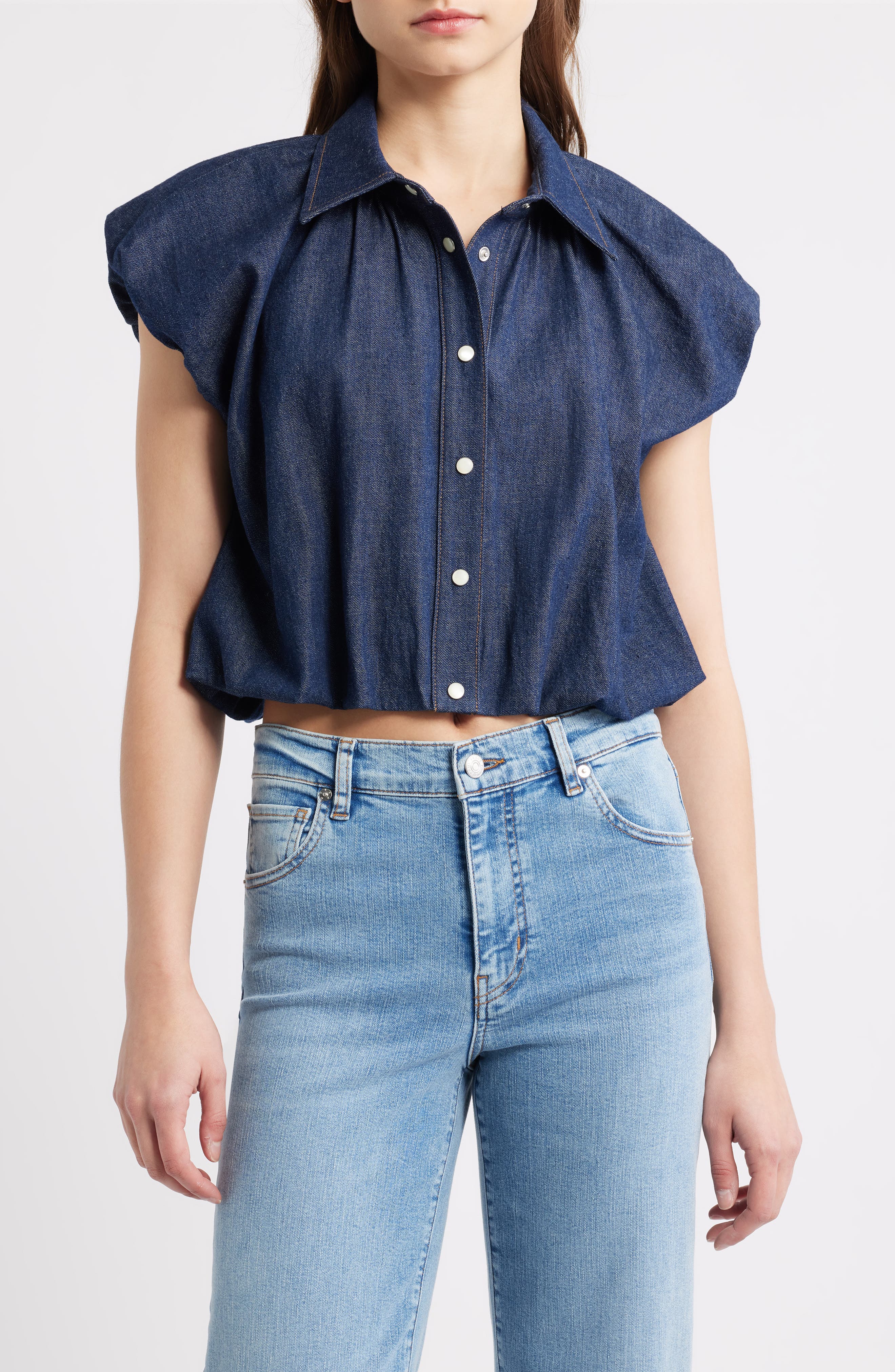 The Shell Denim Puff Sleeve Crop Top