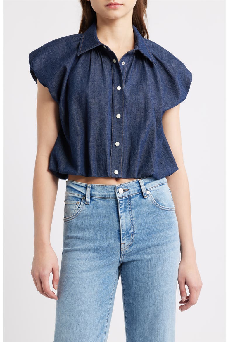 The Shell Denim Puff Sleeve Crop Top, Main, color, PUZZLE