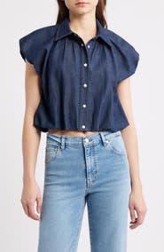 FRAME The Shell Denim Puff Sleeve Crop Top