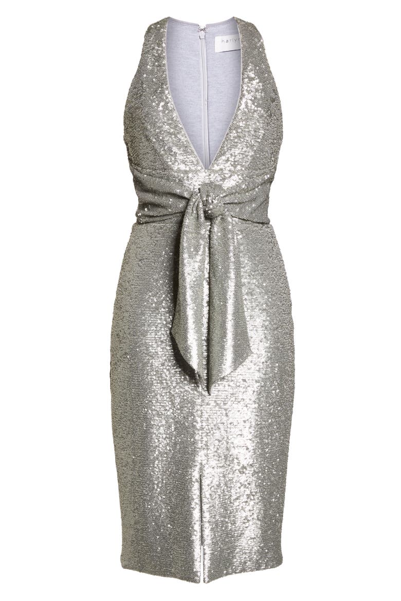 Plunge Neck Sequin Dress, Alternate, color, MATTE SILVER